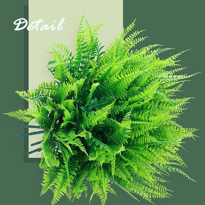 summer flower 10pack Fake Fern Plants Faux Boston Ferns UV Resistant Greenery for Outdoor Front Porch Filler Garden Party Artificial Ferns Stems for Indoor Home Hanging Planter Window Box Decorations
