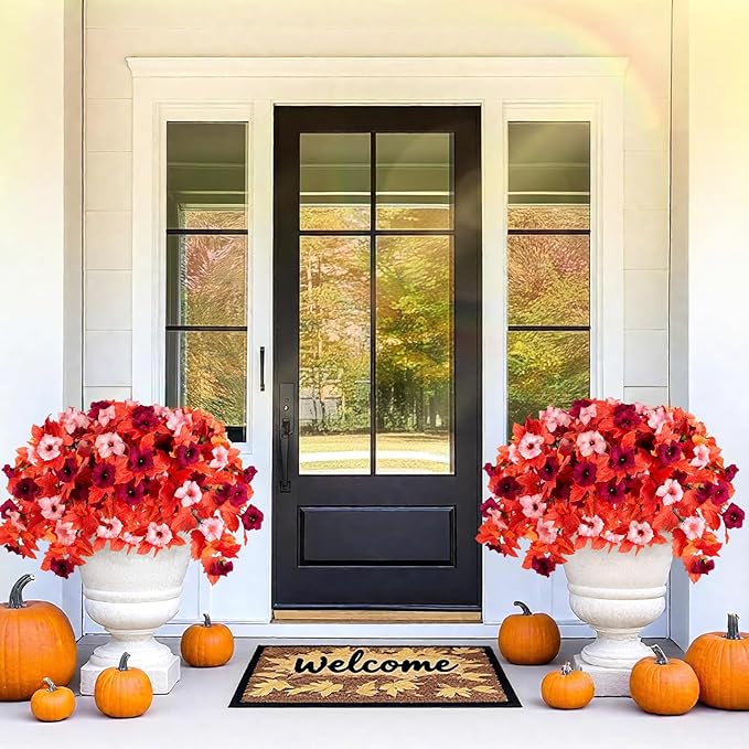 Artificial Fall Fake Flowers Plants for Outdoor Decoration,2 Pcs No Fade Faux Petunias,UV Resistant Realistic Autumn Silk Flowers,for Home Garden Balcony Yard Porch Deco (Dark Red)
