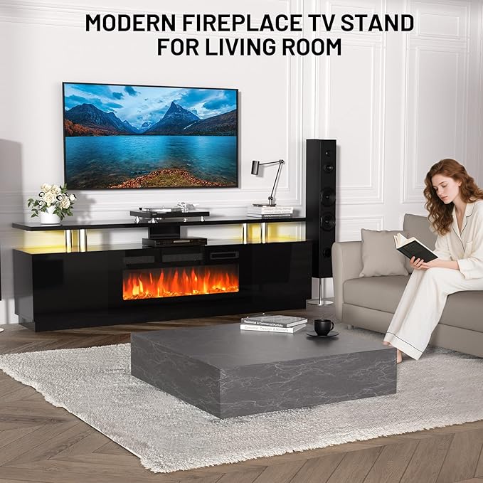 70 Inch Fireplace TV Stand with 36 Inch Electric Fireplace, 12 Colors LED Lights, 750W/1500W for Max 80 Inch TV, 2 Tier Storage 2 Door Cabinet