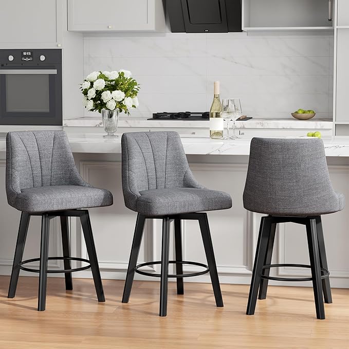 Counter Height Swivel Bar Stool, 24" Upholstered Fabric Barstools Set of 3, Counter Stool Chair with Back & Solid Wood Legs for Kitchen Island Dining Room (Dark Gray)