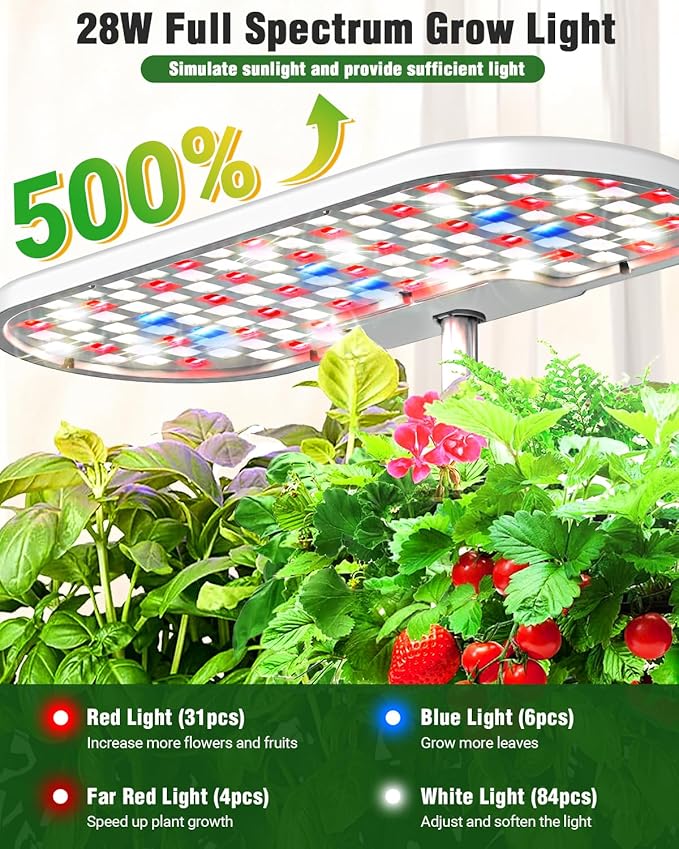 Hydroponics Growing System Kit, 16 Pods Indoor Garden with 28W Full Spectrum LED Grow Light, Auto Timer, 3 Smart Light Modes, 8L Large Herb Garden, Ideal Gardening Gift for Women, Men (White)