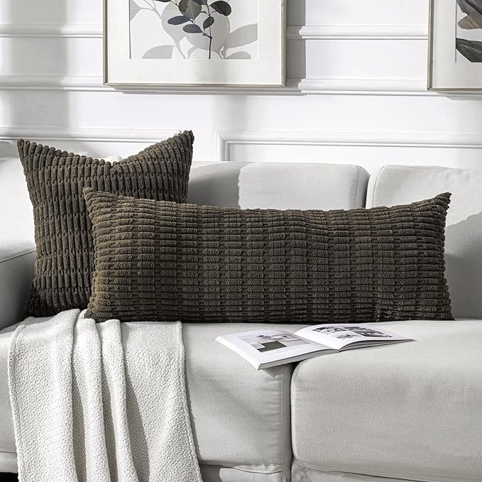 Fancy Homi 2 Packs Dark Brown Long Body Lumbar Decorative Throw Pillow Covers 14x36 Inch for Bed Couch Bedroom Bench, Soft Corduroy Rectangle Solid Pillow Case, Rustic Farmhouse Boho Room Decor