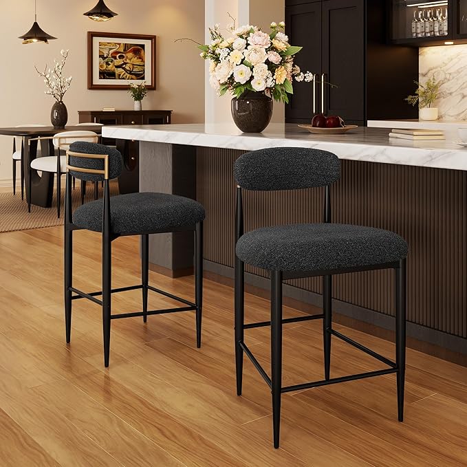 Morden Fort Modern Counter Height Bar Stools Set of 2, Black Upholstered Counter Stools with High Backs, 26" Boucle Island Chairs for Kitchen, Dining Room and Bar