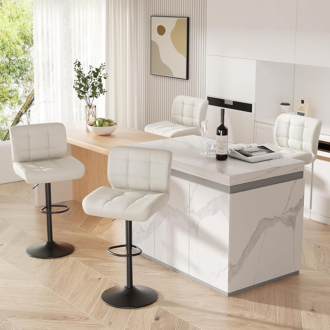 Modern Bar Stools Set of 4, Faux Leather Upholstered Swivel Bar Stools, Adjustable Counter Height Bar Chairs with High Back and Footrest for Kitchen Island (Beige)