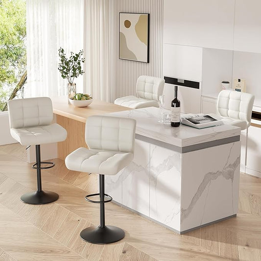 Modern Bar Stools Set of 4, Faux Leather Upholstered Swivel Bar Stools, Adjustable Counter Height Bar Chairs with High Back and Footrest for Kitchen Island (Beige)