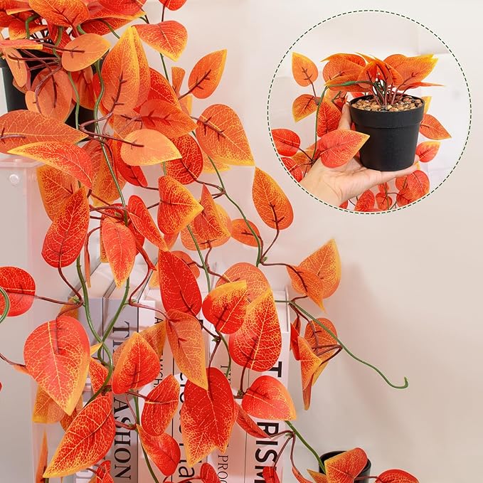 2 Pack Artificial Fall Plants Hanging Orange Vines Potted Fall Foliage Fake Pothos Trailing Plant Autumn Decoration for Indoor Outdoor Thanksgiving Bathroom Wall Kitchen Room Shelf Decor (Black Pot)