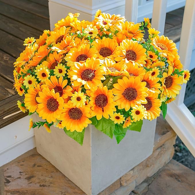 Sunflowers Artificial Flowers, 10 Bunches Fake Sunflower Artificial Flowers for Outdoors Fall Autumn Decoration Look Real UV Resistant Fake Flowers for Home Porch Garden Wedding Party Office Indoor
