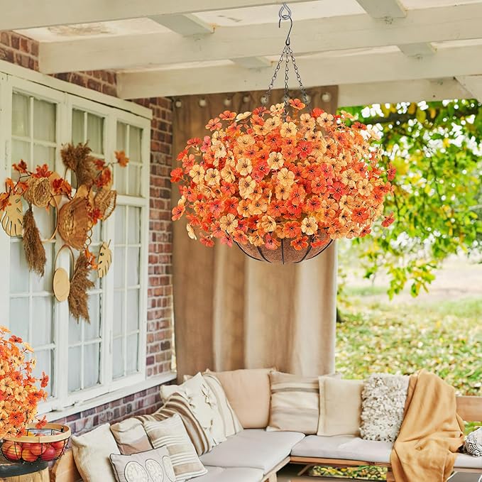Artificial Fall Flowers Hanging Plants in Basket, Artificial Hanging Flowers for Autumn Outdoor Indoor Decor, UV Resistant Hanging Baskets with Fake Flowers for Fall Patio Garden Porch Deck Decoration