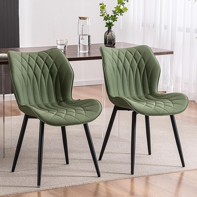 Kidol & Shellder Dining Chairs Set of 2 Green Modern Kitchen Chairs with Back Armless Accent Chairs for Living Room Upholstered Faux Leather Chair Mid Century Comfy Side Chair with Metal Legs