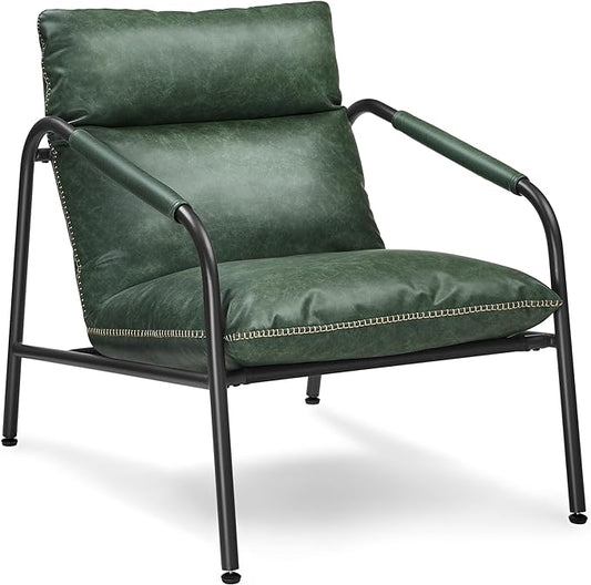 VASAGLE EKHO Collection - Accent Chair, Metal Framed Armchair, Synthetic Leather with Stitching, Mid-Century Modern, Sling Chair for Living, Bedroom, Reading Room, Lounge, Forest Green ULAC014C01