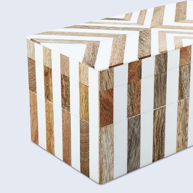 Handicrafts Home Marquet Chevron Decorative Box Shelf Decor, Dressing Table Organizer, Storage Box with Lid–Resin Inlay & Wood Organizer Box–Modern Decor, Keepsake, Jewelry Box for Women-10X5X5 Inch
