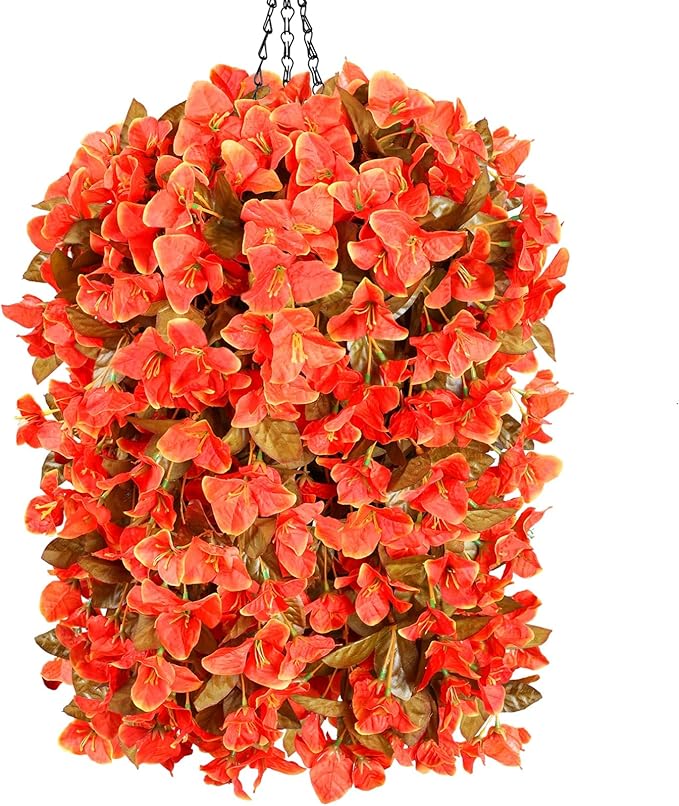 Bougainvillea Artificial Fall Flowers Fake Plants for Outdoors Autumn Decoration, 3PCS Faux Silk Hanging Trailing Vines with Baskets UV Resistant Realistic for Front Door Patio Balcony, Fall Orange