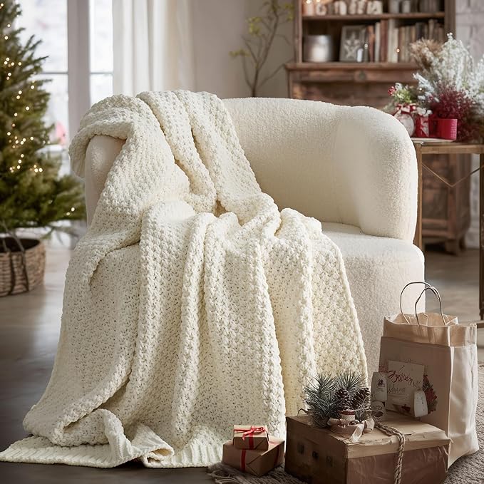 EVERGRACEHOME Chunky Chenille Knit Throw Blanket for Couch, Soft Luxurious Moss Stitch Blankets for Bed, Cozy Decorative Farmhouse Knitted Throws for Sofa, Ivory White, 50" x 60"
