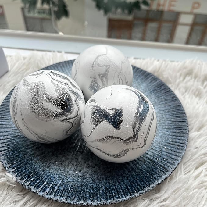 Set of 6 Decorative Orbs for Bowls and Vases - 2.6in Resin White Howlite Round Sphere Balls for Living, Dining Room Coffee Table Centerpiece Home Decor