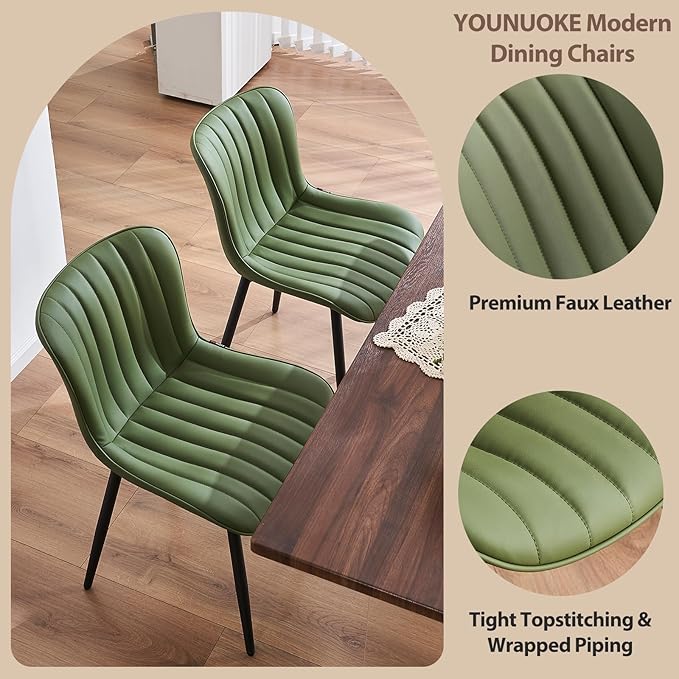 YOUNUOKE Green Dining Chairs Set of 2 Mid-Century Modern Kitchen Dining Room Chairs Armless Faux Leather Upholstered Accent Side Dinner Chair with Padded Back Metal Legs, Olive
