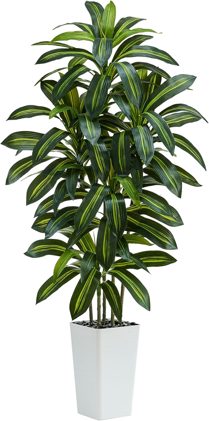 Artificial Dracaena Tree：6FT Faux Silk Tropical Yucca Floor Trees Realistic Fake Green Plant with Natural Wood Trunk & Lifelike Leaves for Home Office Decor Indoor & Outdoor (6FT,1-Pack,White)