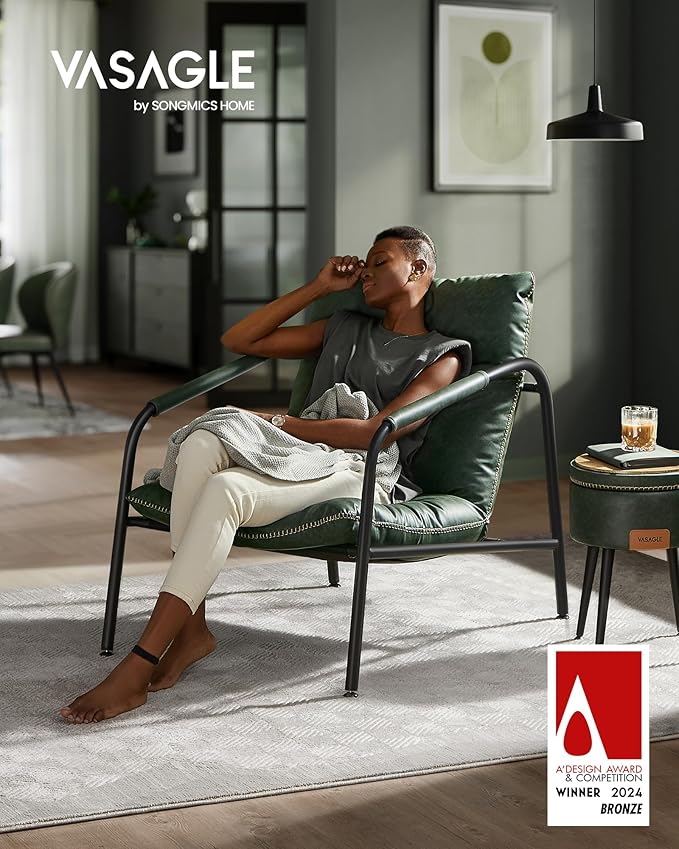 VASAGLE EKHO Collection - Accent Chair, Metal Framed Armchair, Synthetic Leather with Stitching, Mid-Century Modern, Sling Chair for Living, Bedroom, Reading Room, Lounge, Forest Green ULAC014C01