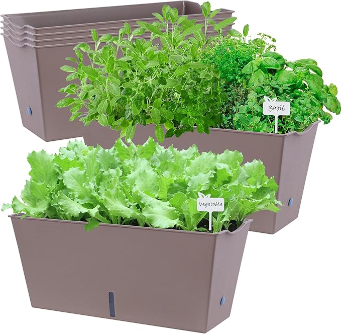Window Box Planter 6 Pcs, 16.5 Inches Self Watering Rectangle Flower Plant Pots with Drainage Holes Trays, Vegetable Planters for Windowsill Patio Garden Balcony Porch Yard (Khaki)