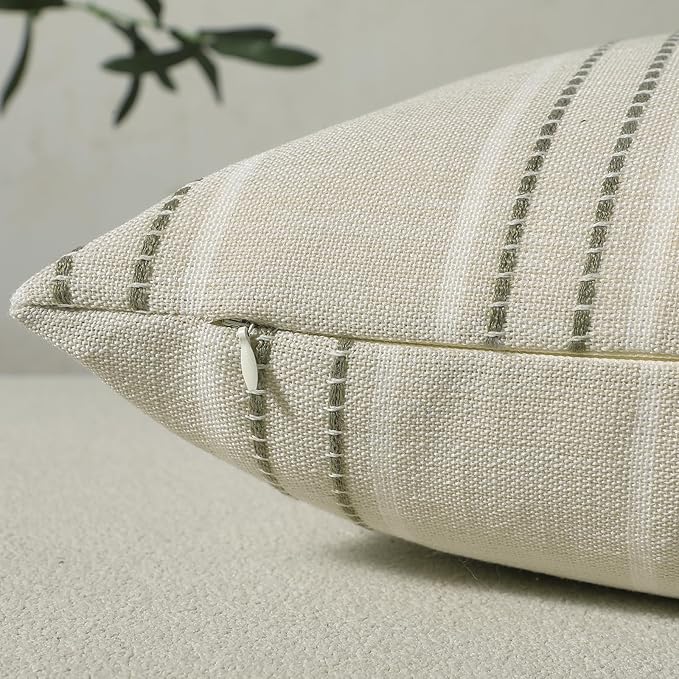 Hckot Throw Pillow Covers 24x24 Set of 2 Striped Pillow Covers Textured Linen Decorative Pillows Square Cushion Covers for Sofa Couch Bed Living Room Farmhouse Decor, Greyish Green