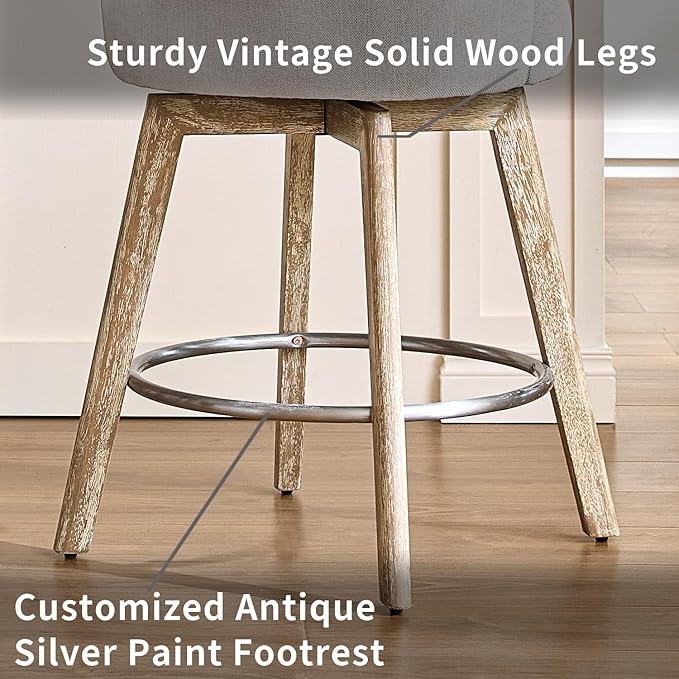 IWOOD Counter Height Bar Stools,Swivel Bar Stools with Backs,Barstools Set of 4,26'' Solid Wood Legs,Thick Seat Upholstered Linen Fabric Counter Height Stools in Beige