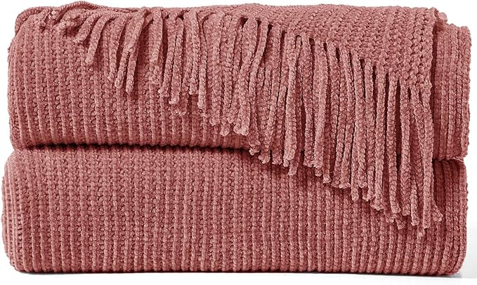 inhand Coral Pink Throw Blanket for Couch Bed,Chunky Chenille Woven Soft Warm Christmas Blankets Gifts for Women with Tassels, Cozy Boho Farmhouse Fall Winter Decor,60"x80",Extra Thick