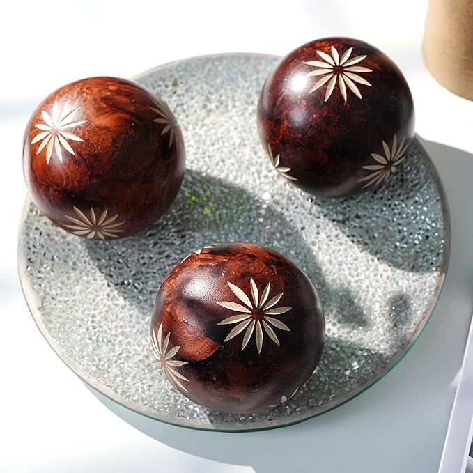 Decorative Balls for Centerpiece, Set of 3, Sunflower Pattern, 4 inch Resin Round Sphere Balls, Table Decor