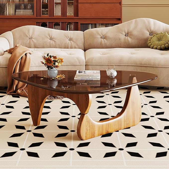 Glass Coffee Table for Living Room Mid Century Modern Triangle Center Table with Wooden Base, Brown/Walnut