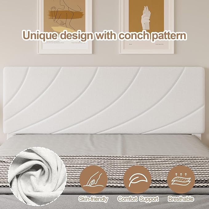 HOMBCK Queen Bed Frame with Adjustable Headboard, Bed Frame Queen Size with Linen Fabric Upholstered, Strong Wooden Slats, No Box Spring Needed, Noise Free, Easy Assembly, White