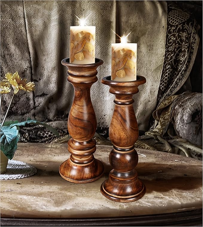 Set of 2 Tall Wooden Candle Holders (12"x4.5") in Rustic Burnt Finish. Perfect for Farmhouse Decor, Mantle, or Table Centerpiece. Holds Pillar Candles. Stylish, Sturdy, and Timeless Charm
