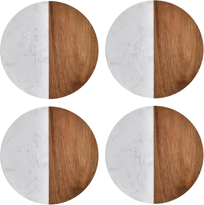I-LAN Set of 4 Round Natural Wood and Marbel Style Drink Coasters for Coffee Wooden Table, Drink Bar Coaster Set/Tea Table Coasters for Living Room,Beer Cans,Bar Glasses,4 x 4 Inch