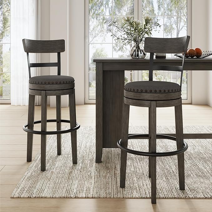Signature Design by Ashley Caitbrook 30" Farmhouse Bar Height Upholstered Swivel Barstool, Gray