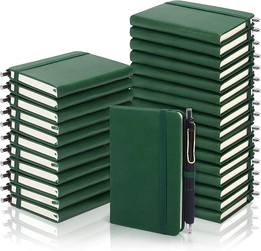Aodaer 50 Sets Pocket Notebook Journal with Pens, 160 Pages, 3.5 x 5.5 Inch Mini Lined Journal Notebook A6 Leather Hardcover College Ruled Notepad with Pen Holder for School Office Gifts, Dark Green