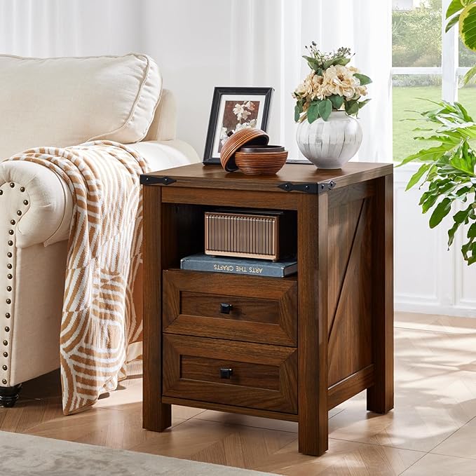 Nightstands Set of 2 with Charging Station, Farmhouse Side End Table with 2 Drawers and Open Shelf, Wood Rustic Sofa Table, Bedside Cabinet for Bedroom, Living Room, Closet, Office(Brown)