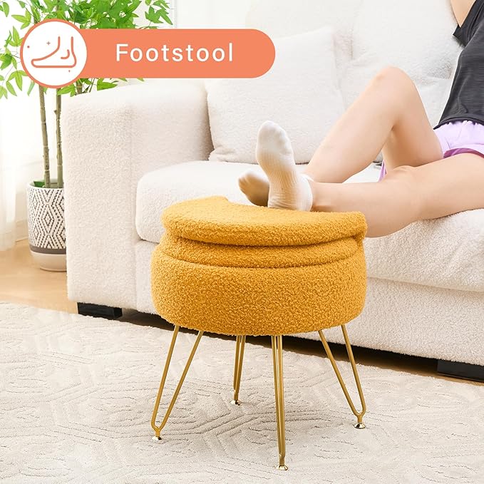 Storage Ottoman Vanity Stool Chair with Folding Back Teddy Velvet Makeup Chair Multifunctional Upholstered Footstool for Bathroom Vanity Bedroom Living Room Entryway
