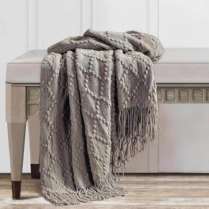 BOURINA Dark Grey Throw Blanket 50 x70 Inches Jacquard Argyle Throw Textured Solid Soft Throws and Blankets for Sofa or Bed Knitted Decorative Blanket