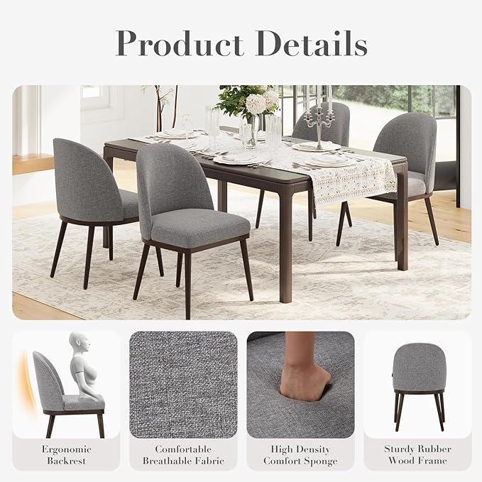 COLAMY Upholstered Dining Chairs Set of 2, Large Dining Room Kitchen Chairs with High Back and Deep Seat, Modern Fabric Dinner Chairs with Wood Legs, Dark Grey