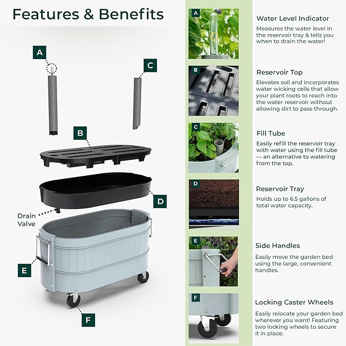 Permasteel Self-Watering Garden Bed, Rolling Planter for Vegetables, Flowers, Herbs, and Fruit, Outdoor Indoor, Caster Wheels, Blue