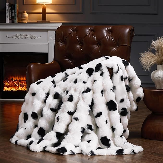 Faux Fur Throw Blanket for Couch, Fluffy Fuzzy Plush Bubble Blanket, Soft Warm Cozy Shaggy Rabbit Blanket, Luxury Decorative Gifts for Sofa Bedroom Living Room, 60x80inch (Cow Color)