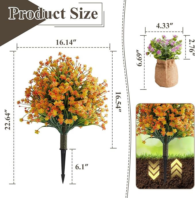 Artificial Allium Grass Stems with Orange-Red Flowers, Set of 2 Faux Allium Ornamental with Metal Spike, UV Resistant Realistic Faux Shrubs for Garden, Yard, Patio, Porch Outdoor Decor