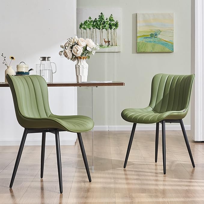 YOUNUOKE Green Dining Chairs Set of 2 Mid-Century Modern Kitchen Dining Room Chairs Armless Faux Leather Upholstered Accent Side Dinner Chair with Padded Back Metal Legs, Olive