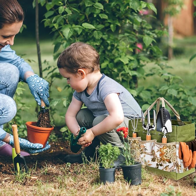 Gardening Tools 13 PCS Stainless Steel Heavy Duty Garden Tool Set with Storage Tote Bag, Knee Pads, Squirt Bottle and Gloves, Gardening Hand Tool Gifts Kit for Women Men