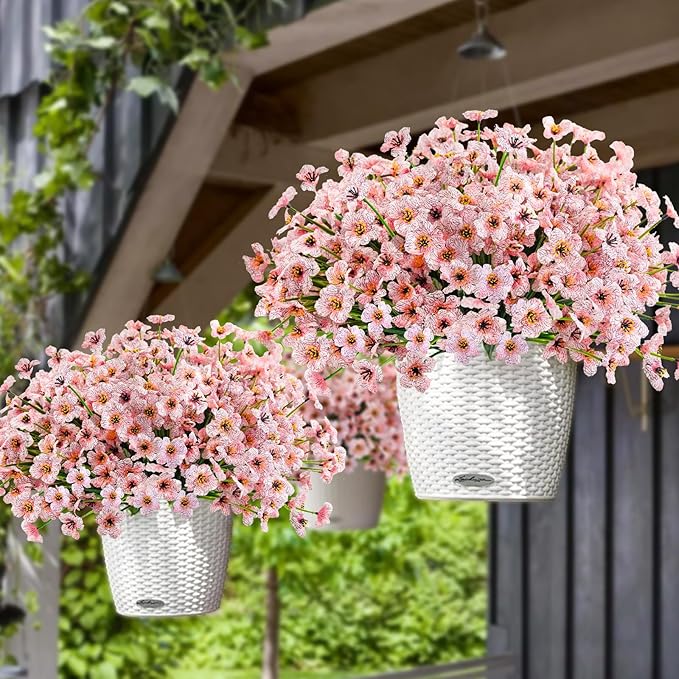 Krissing 48 Bundles Outdoor Artificial Flowers UV Resistant Fake Silk Flowers Faux Plastic Plants Outside Garden Porch Window Box Summer Decoration (Pink)