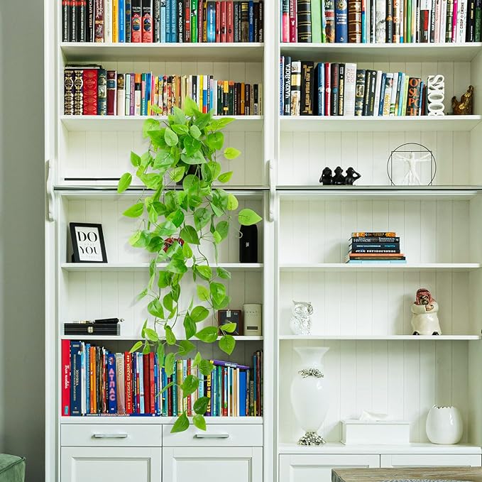 LOYWREE Small Fake Hanging Plant Artificial Potted Plants for Indoor Outdoor Aesthetic - 39in Realistic Faux Hanging Pothos with Ivy Vine for Shelf Decor in Home Office Gardens Greenery (Black Pot)