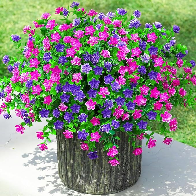 Ivydale Artificial Flowers Plants for Sping Summer Outdoors Indoors Decoration, 12 Bundles Fake Plastic UV Resistant Flowers Faux Greenery Bushes Shrubs for Home Porch Patio Garden (Purple+Fuchsia)