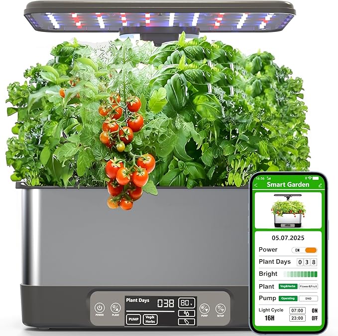 Hydroponics Growing System Indoor Garden, Smart Indoor Herb Garden with Grow Light, in Door Gardening System 8 Pods, APP & WiFi Control, Auto Timer, Quiet Pump, Stainless, Gift for Women Mom, Gray