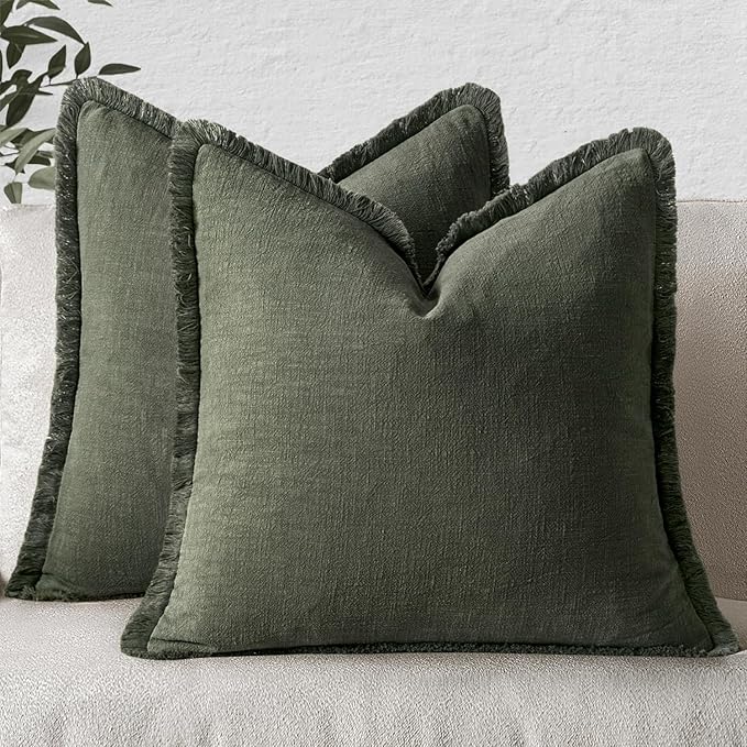 MIULEE Decorative Throw Pillow Covers Neutral Linen Fringe Throw Pillows Set of 2 Rifle Green Boho Farmhouse Cushion Covers with Tassels for Couch Sofa Bed Living Room Spring Home Decor 18x18 Inch