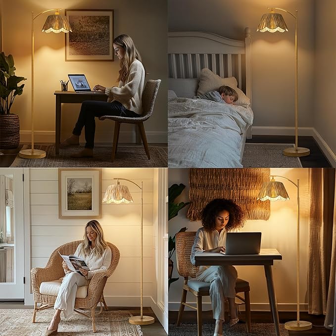 Oneach Boho Floor Lamp for Living Room, Farmhouse Standing Lamp with Foot Switch, Corner Reading Lamps for Bedroom with Hand-Woven Shade, Light Woodgrain Metal Base & Pole
