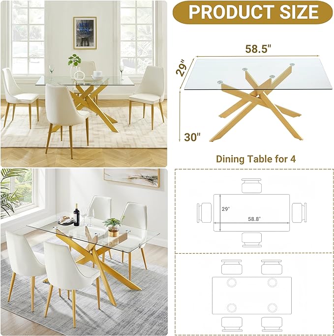 Edwin's Choice 58.5” Rectangle Glass Dining Table, Tempered Glass Table Top and Metal Tubular Legs, Modern Style Table for Home, Kitchen, Dining Room 58.5”Lx29”Wx30”H, Gold