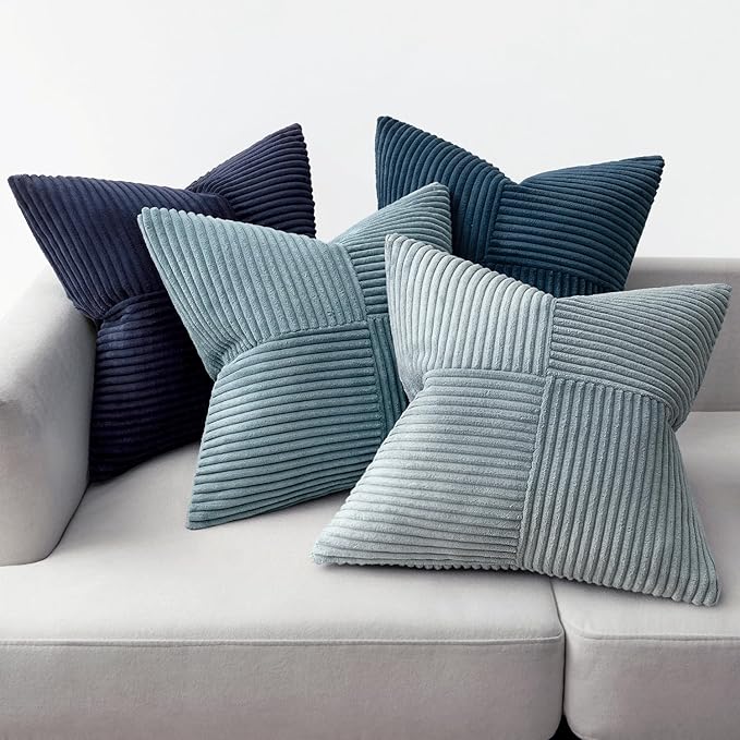 MIULEE Dusty Blue Navy Farmhouse Throw Pillow Covers 16x16 Inch Set of 4 Boho Patchwork Gradient Cushion Cases Western Modern Pillow Cases Corduroy Home Decor for Couch Sofa Living Room Bed