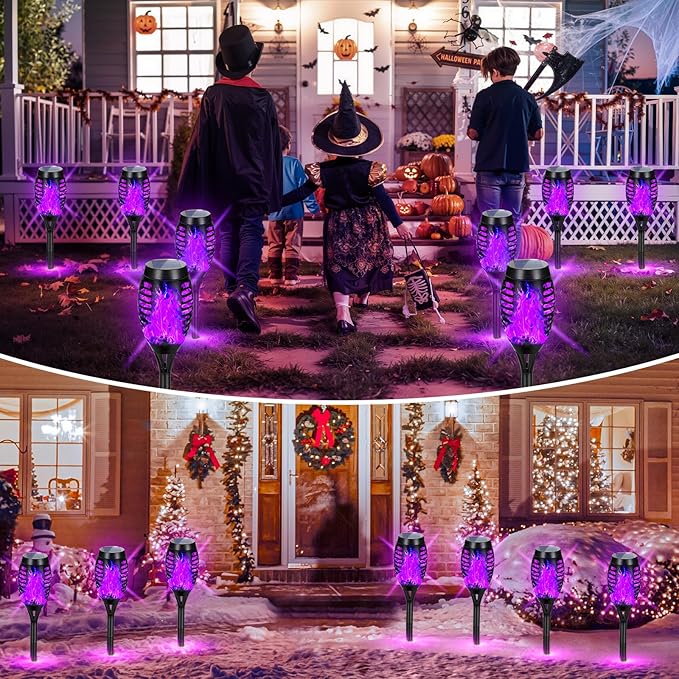 Solar Lights Outdoor Halloween Decorations, Upgraded 4 Pack Purple Solar Torch Lights with Flickering Flame, Waterproof Halloween Lights Outdoor, Tiki Torches for Outside Patio Pathway Decor